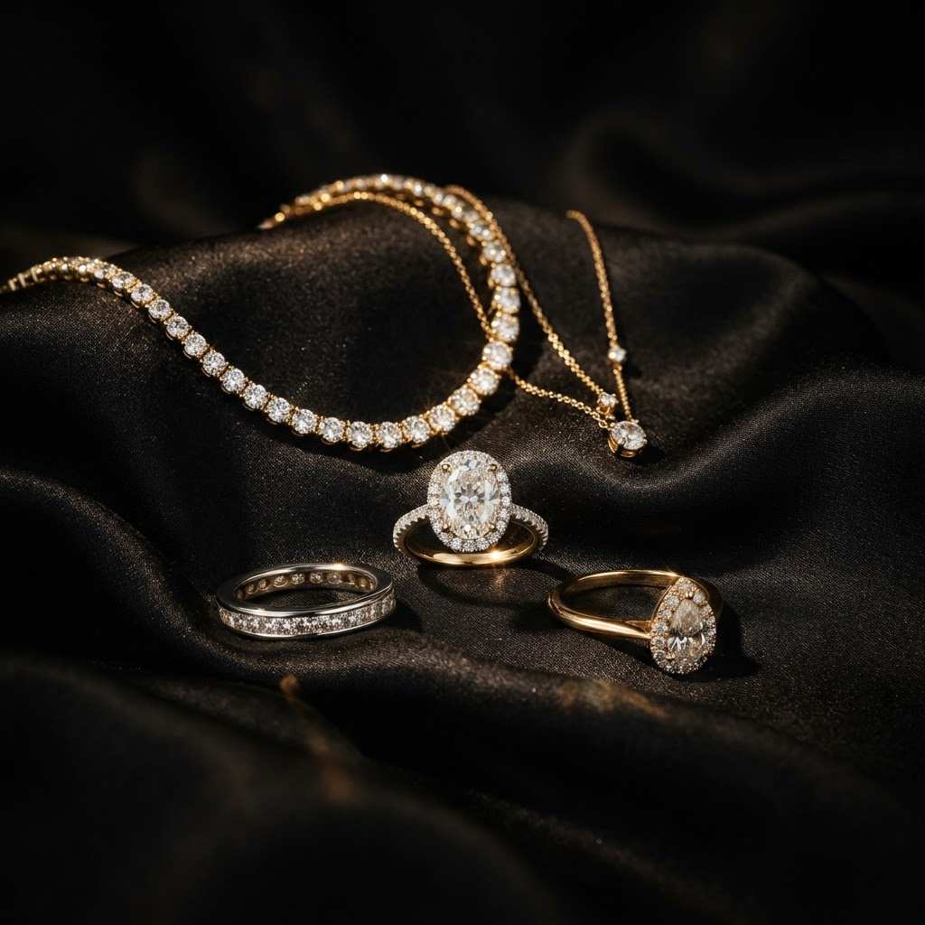 Joias de ouro e anéis de diamante da Webert Jóias sobre seda preta