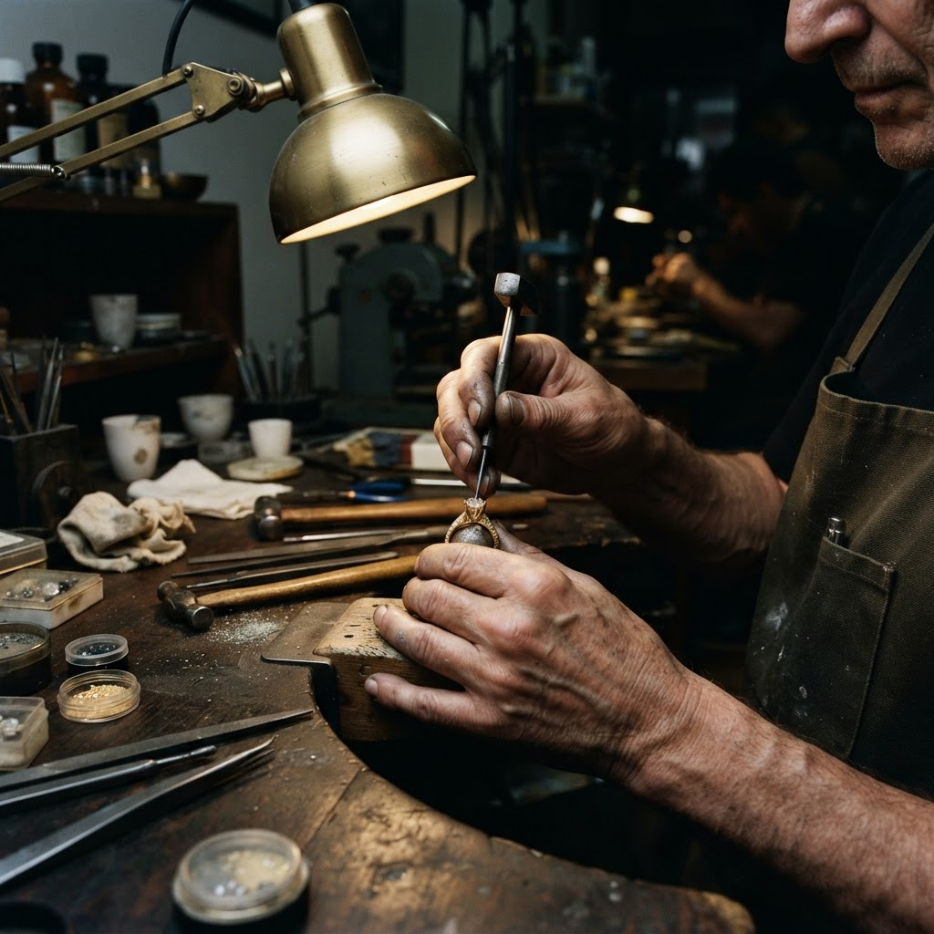 Ourives da Webert Jóias trabalhando artesanalmente em uma peça de ouro